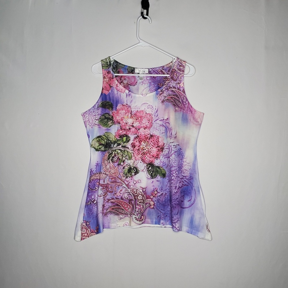 Dressbarn Vtg Y2K Sequin Paisley Floral Asymmetric Tank Top Women Medium Purple